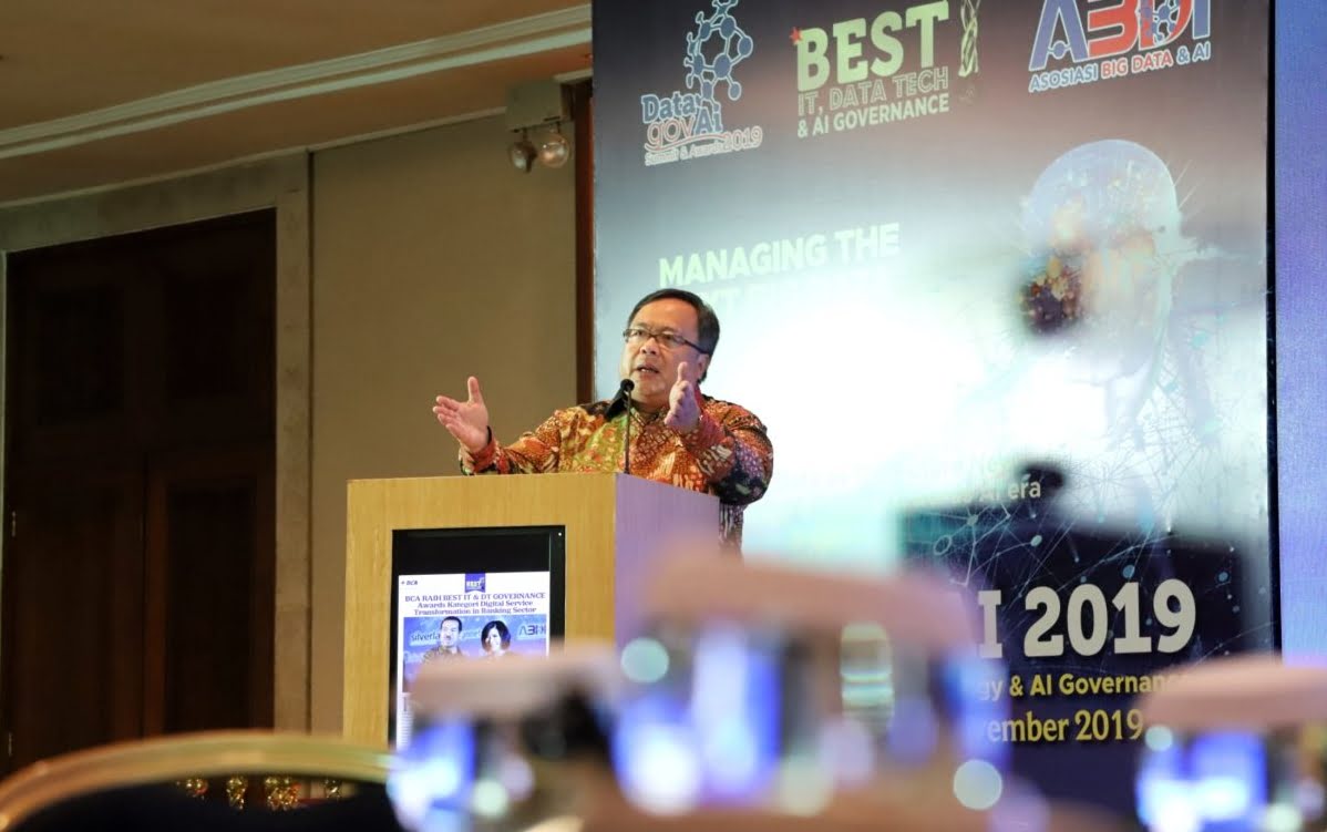 Photo Credit : Menteri Riset, dan Teknologi/Kepa BRIN Bambang Brodjonegoro, menjadi Opening Keynote dalam Kegiatan Data Gov AI 2019 Summit di Jakarta Convention Center (JCC) Senayan, Jakarta. (07/11/19). FILE/RISTEK